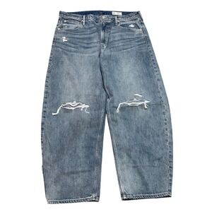 GAP Barrel Jeans High Rise Distressed Light Indigo Cotton Denim Boho Women 34/18